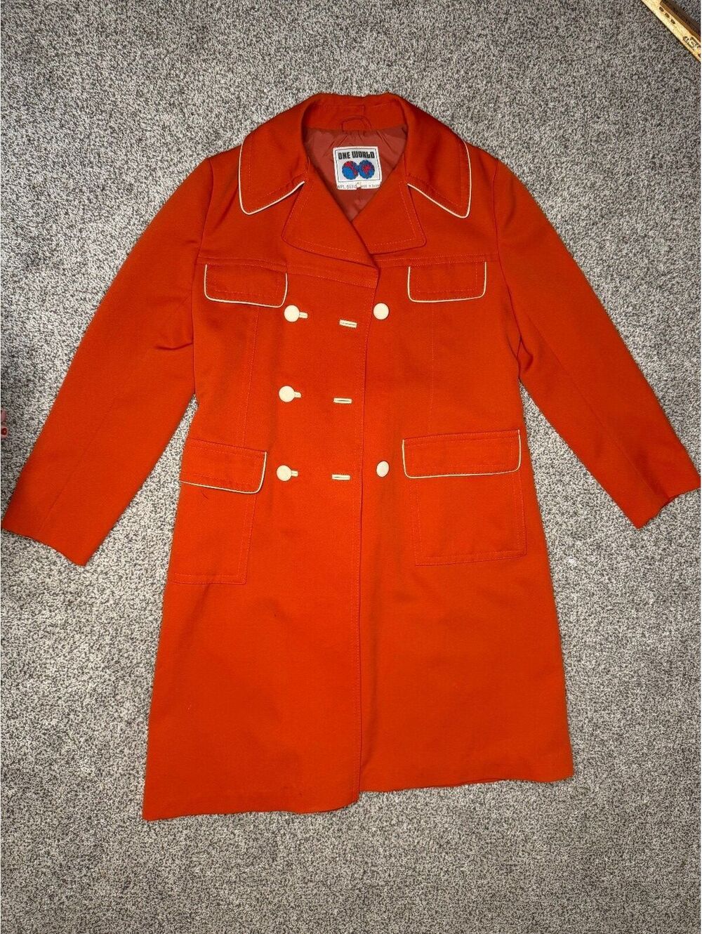 Vintage 60s Orange Double-Breasted Coat with White Piping